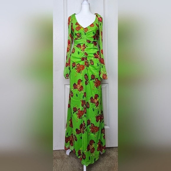 Topshop Floral Rouched Long Sleeve Maxi Dress MID GREEN sz 8 - Picture 3 of 9